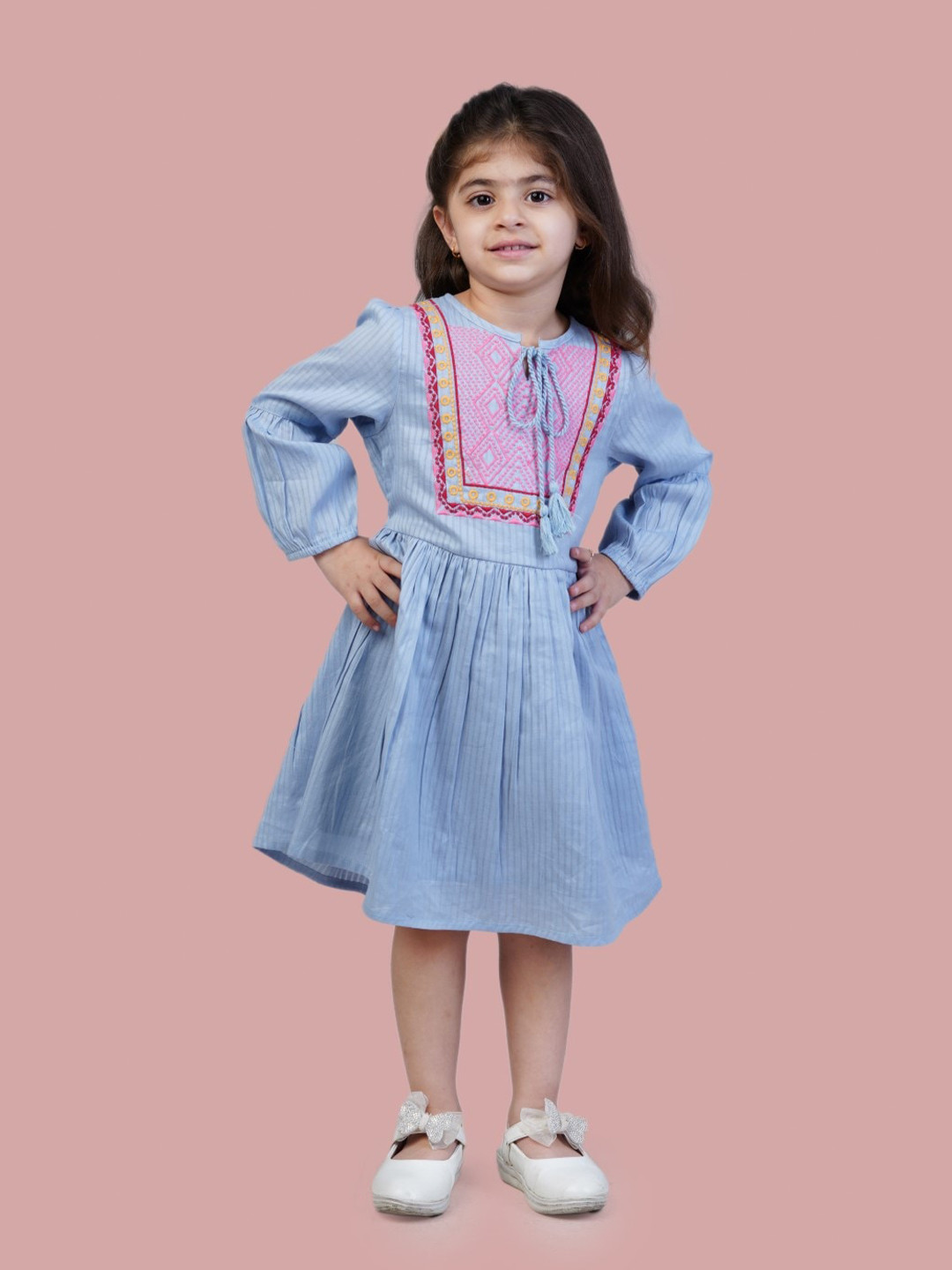 

Bella Moda Girls Striped Puff Sleeve Fit & Flare Cotton Dress, Grey