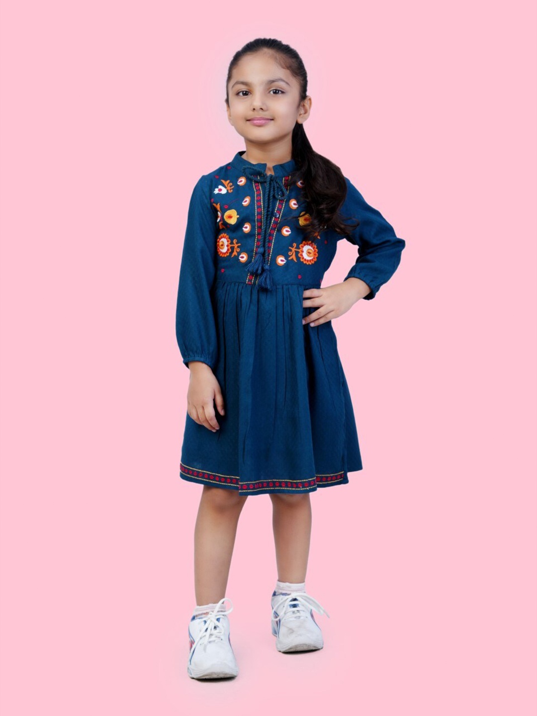 

Bella Moda Girls Embroidered Fit & Flare Cotton Dress, Navy blue