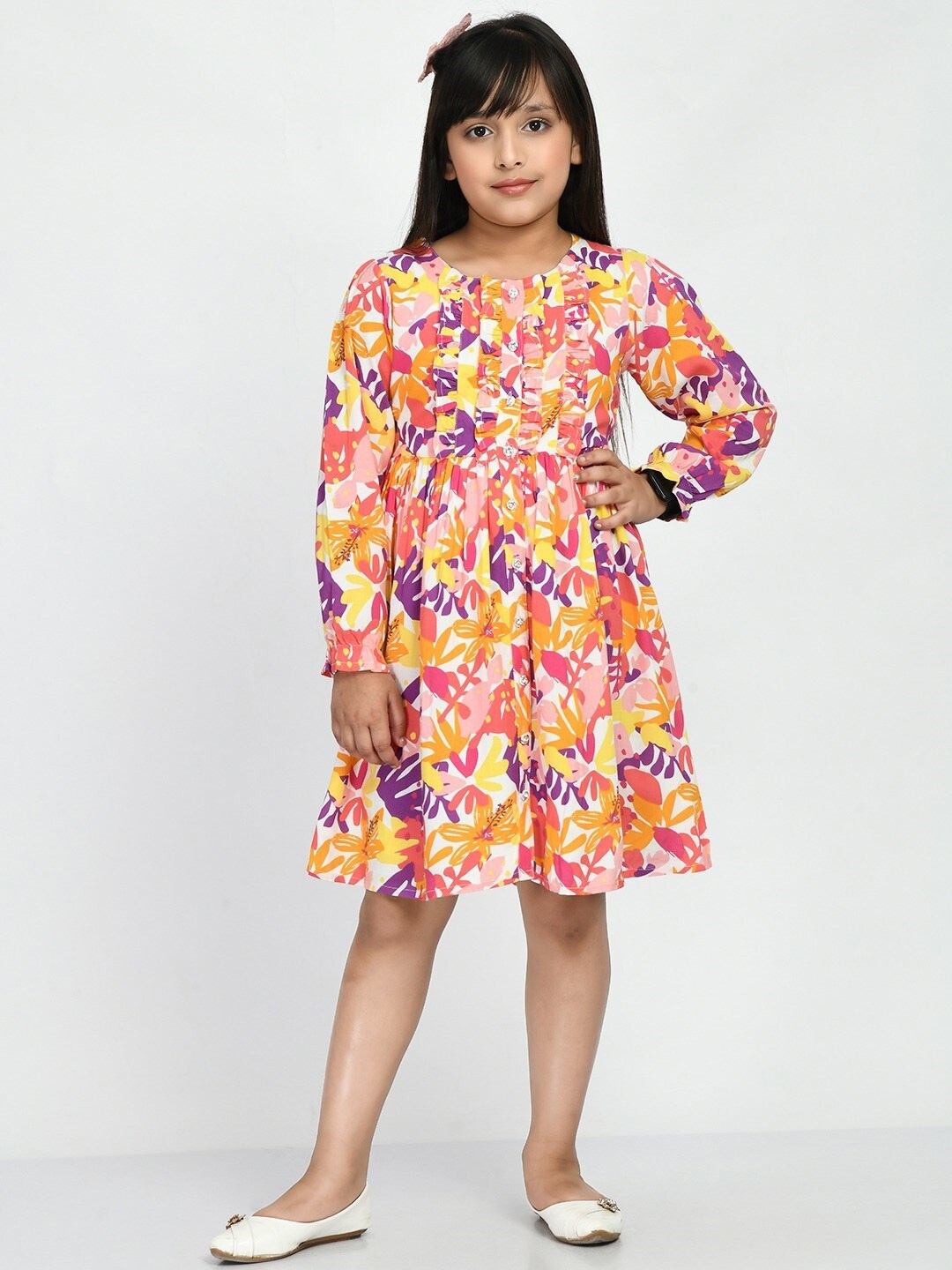 

Bella Moda Girls Floral Print Cuff Sleeve Fit & Flare Cotton Dress, White