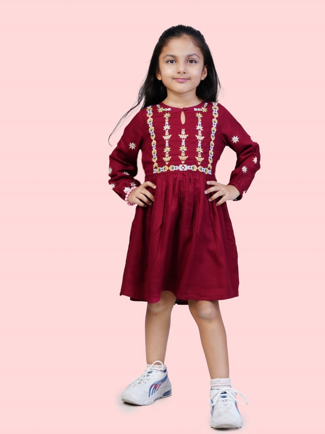 

Bella Moda Girls Embroidered Cuff Sleeves Fit & Flare Cotton Dress, Maroon