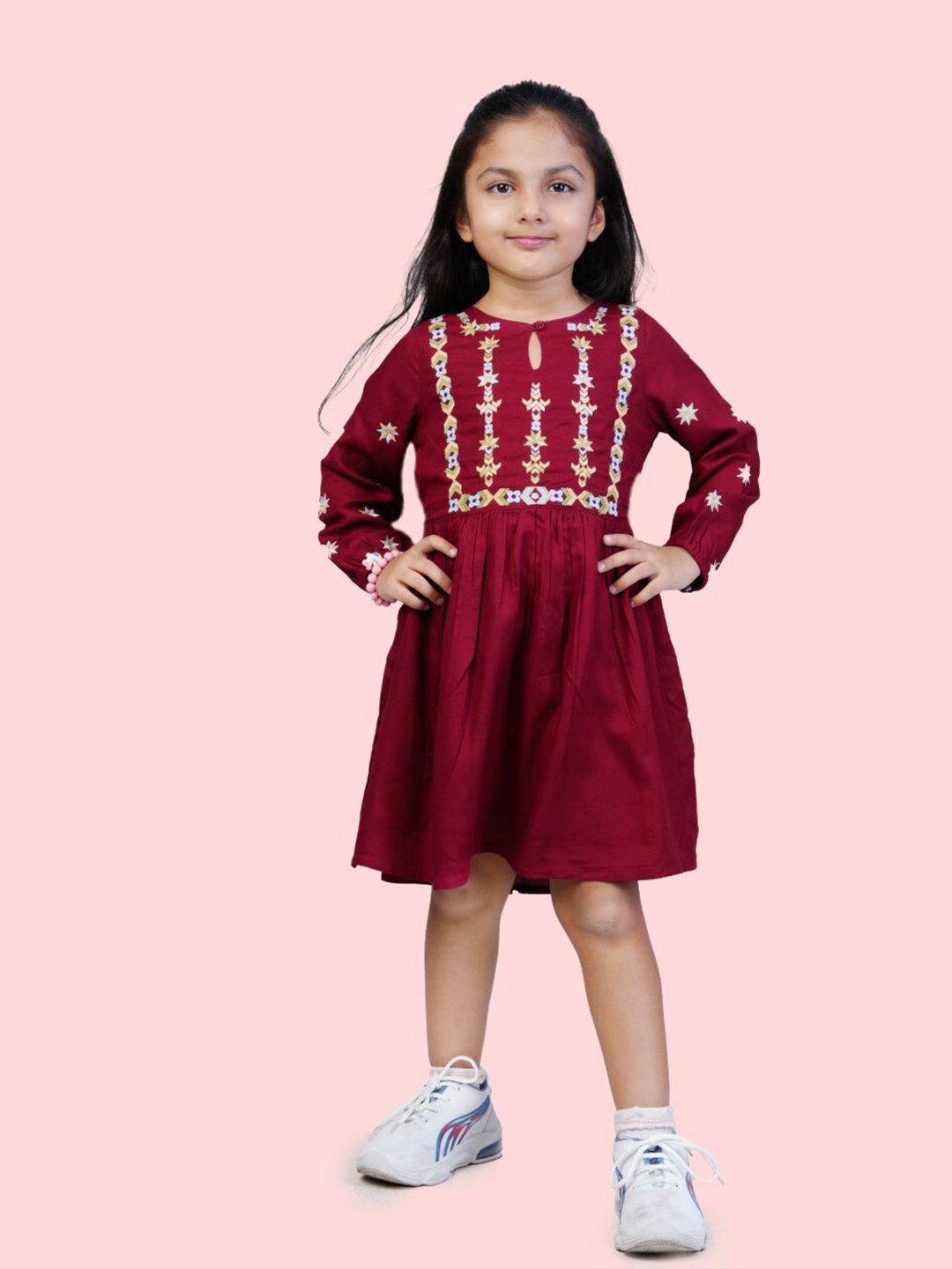 

Bella Moda Girls Embroidered Cuff Sleeves Fit & Flare Cotton Dress, Maroon