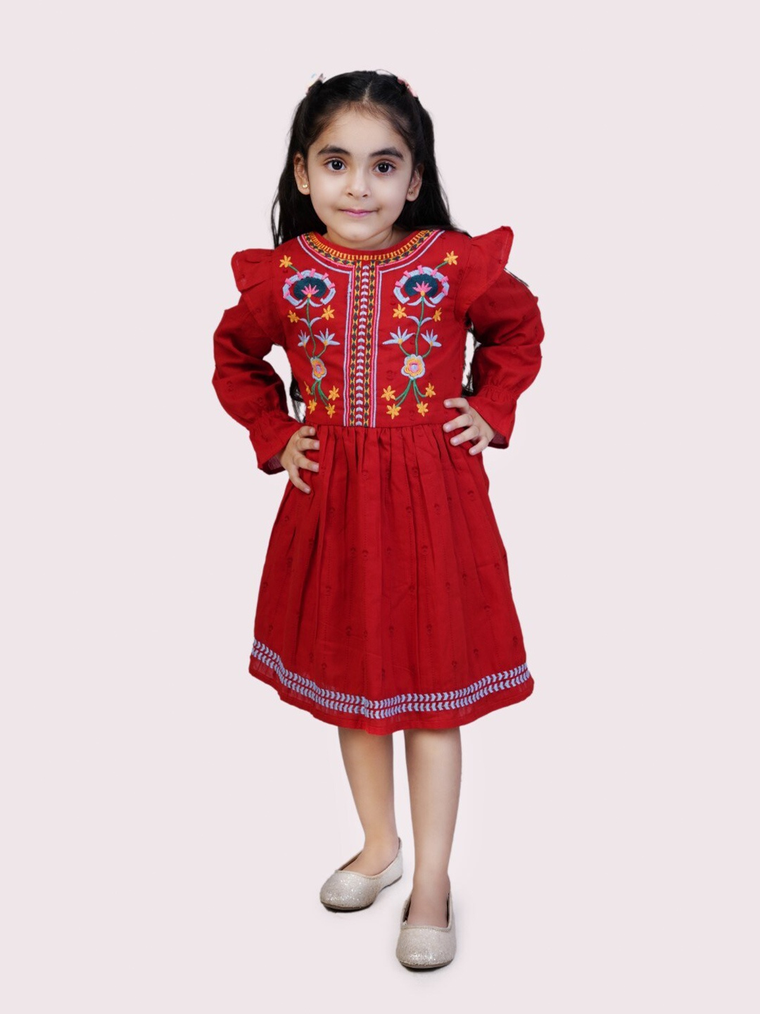 

Bella Moda Girls Floral Embroidered Pure Cotton A-Line Dress, Red