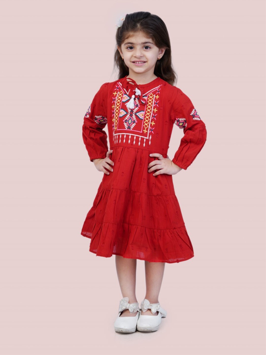 

Bella Moda Girls Floral Embroidered Pure Cotton A-Line Tired Midi Dress, Rust