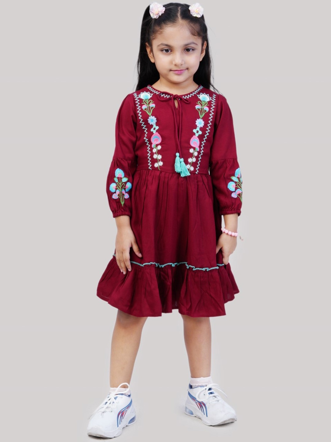 

Bella Moda Girls Floral Embroidered Pure Cotton Tie-Up Neck Cuffed Sleeve A-Line Dress, Maroon