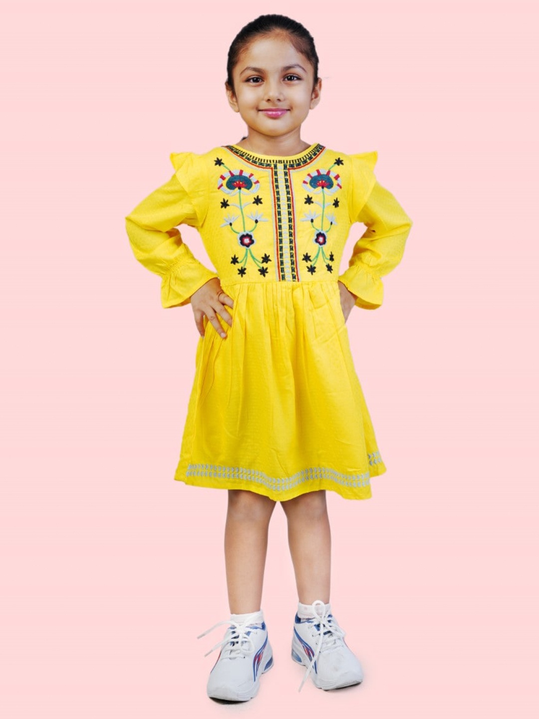 

Bella Moda Girls Floral Embroidered Pure Cotton Tie-Up Neck Bell Sleeve A-Line Dress, Yellow