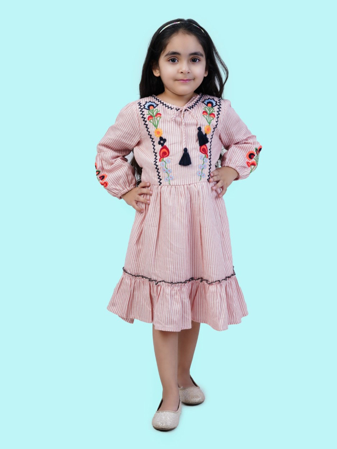 

Bella Moda Girls Floral Embroidered Pure Cotton A-Line Midi Dress, Pink
