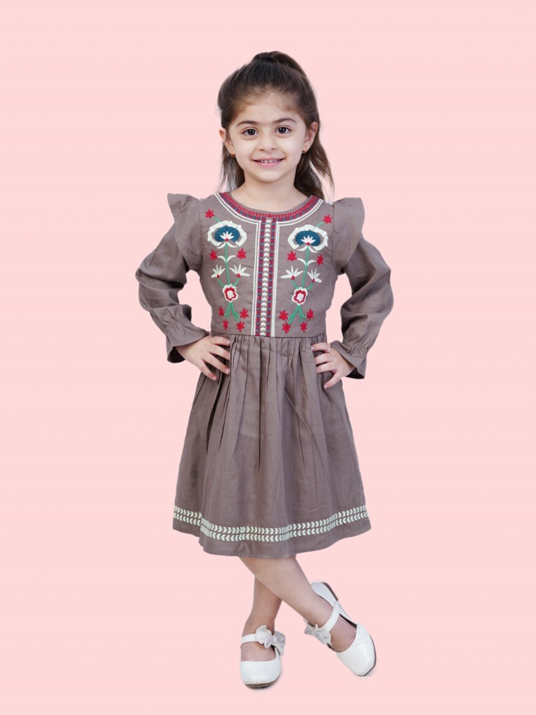 

Bella Moda Girls Floral Embroidered Pure Cotton A-Line Midi Dress, Grey