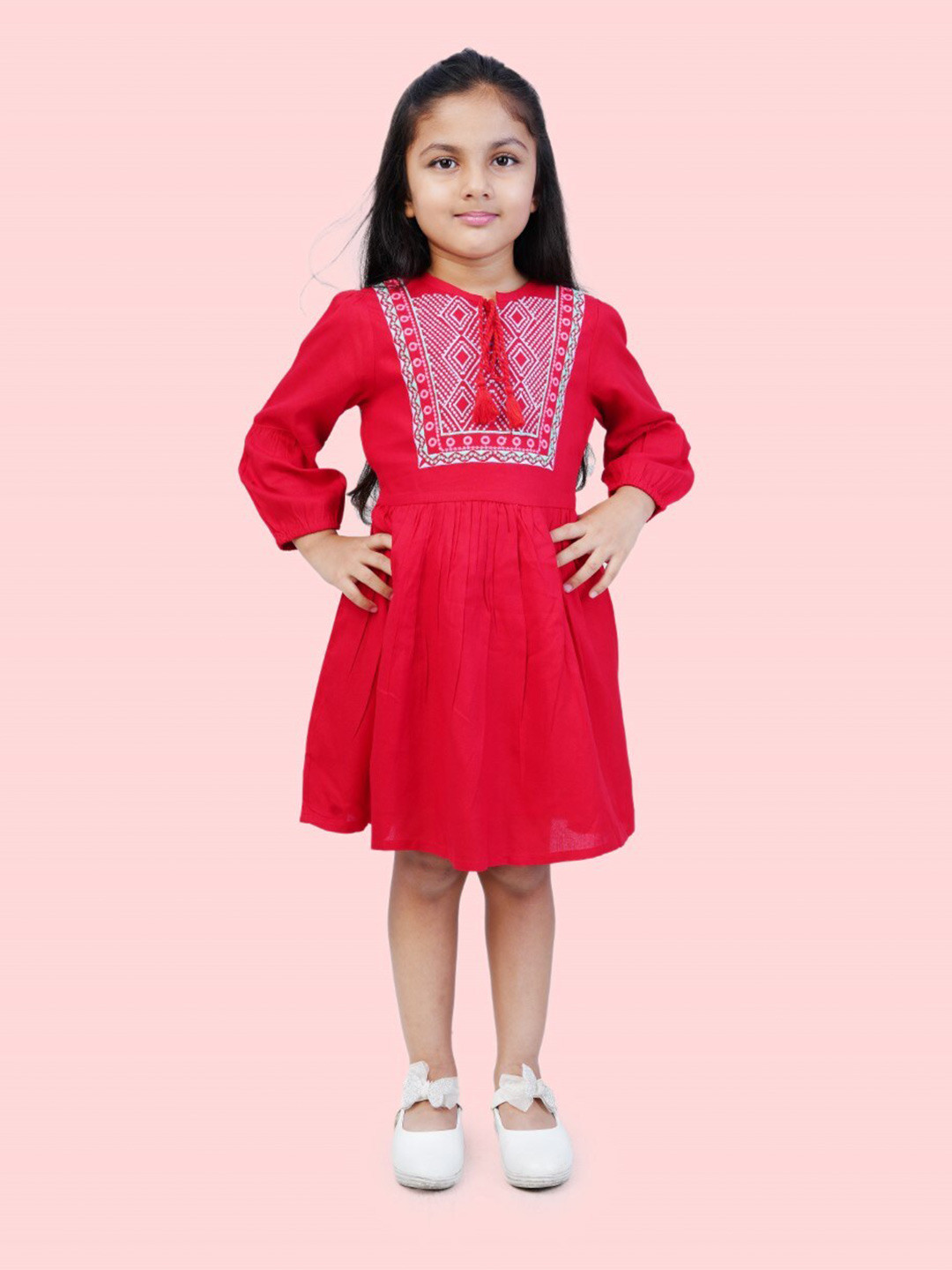 

Bella Moda Girls Floral Embroidered Pure Cotton Empire Dress, Red