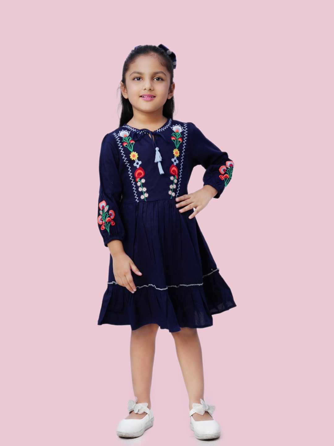 

Bella Moda Girls Floral Embroidered Pure Cotton A-Line Dress, Blue