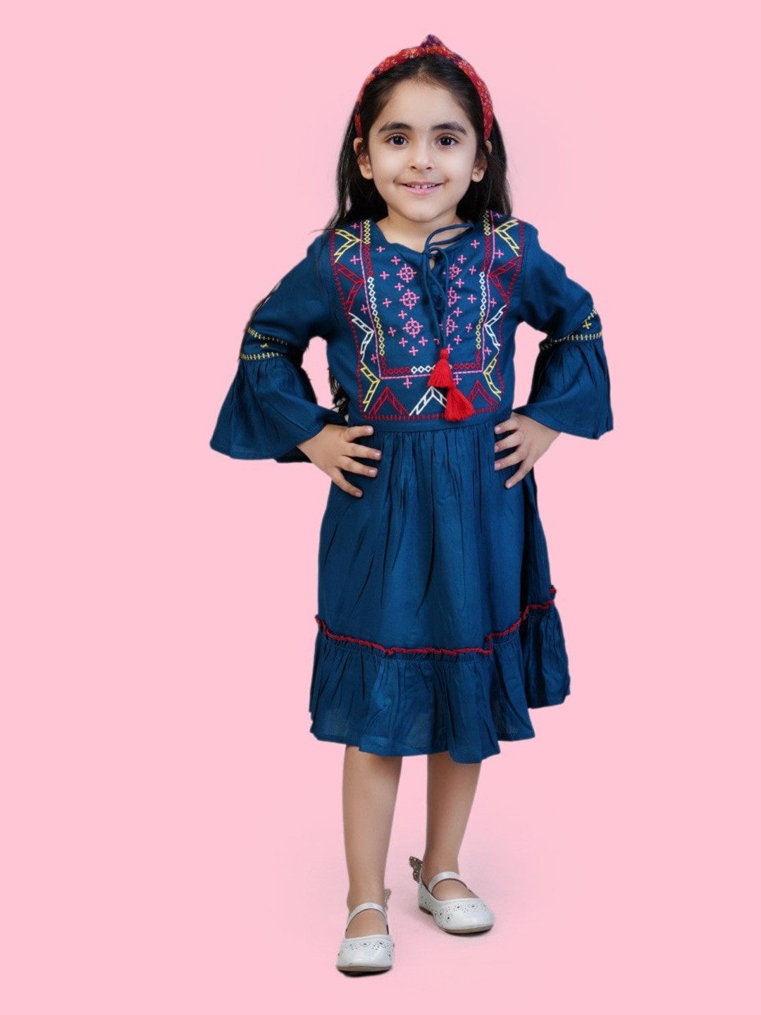 

Bella Moda Girls Floral Embroidered Pure Cotton Bell Sleeves A-Line Midi Dress, Blue