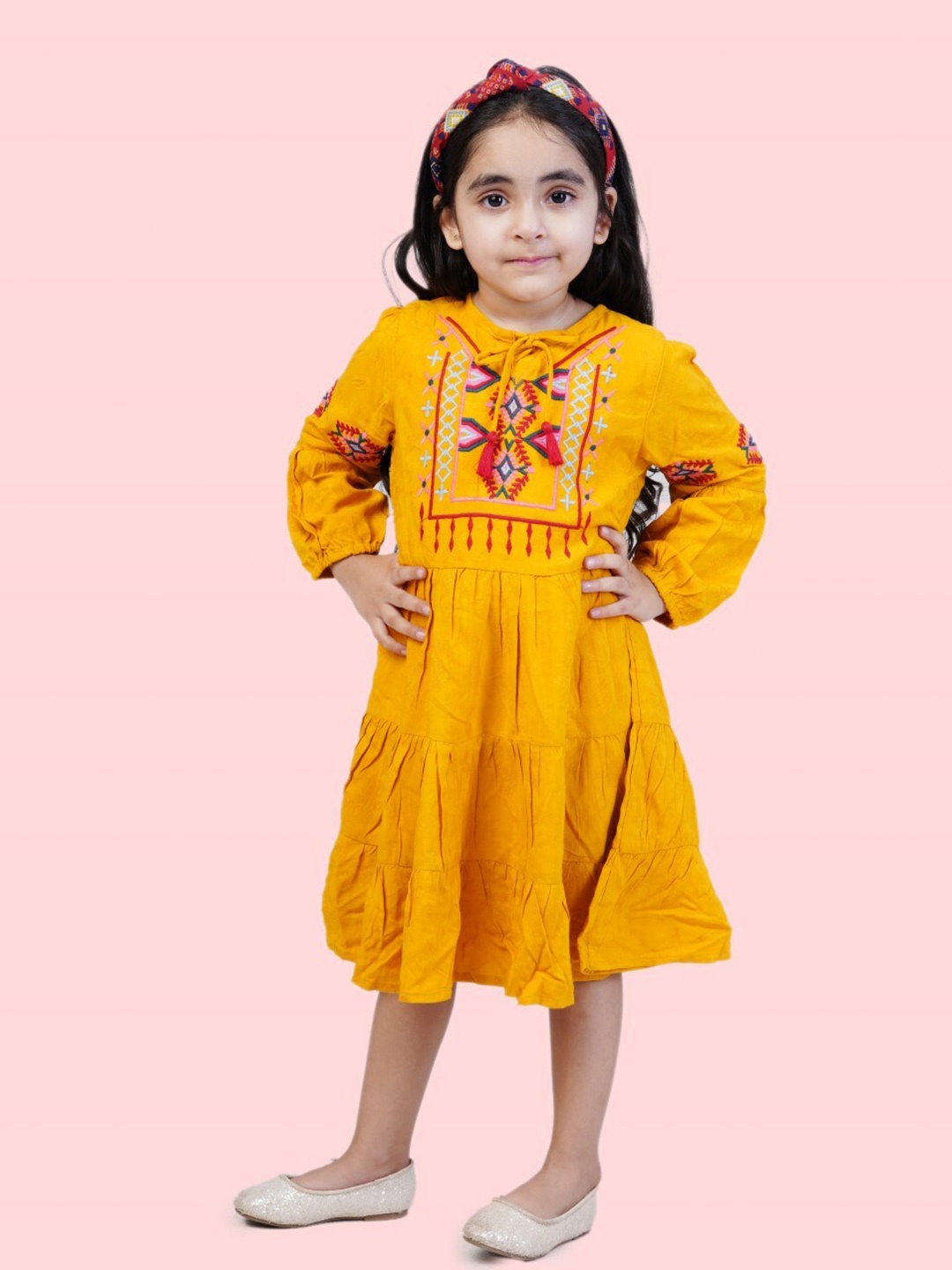 

Bella Moda Girls Floral Embroidered Pure Cotton Tie-Up Neck A-Line Dress, Yellow