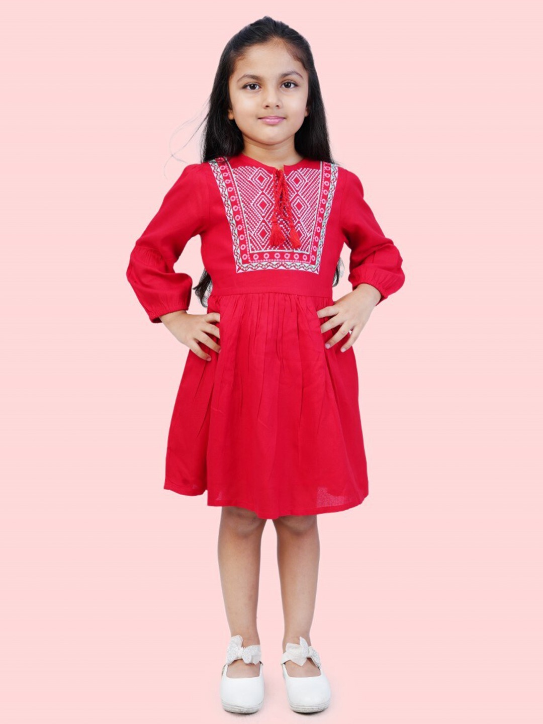 

Bella Moda Girls Floral Embroidered Pure Cotton Empire Dress, Red