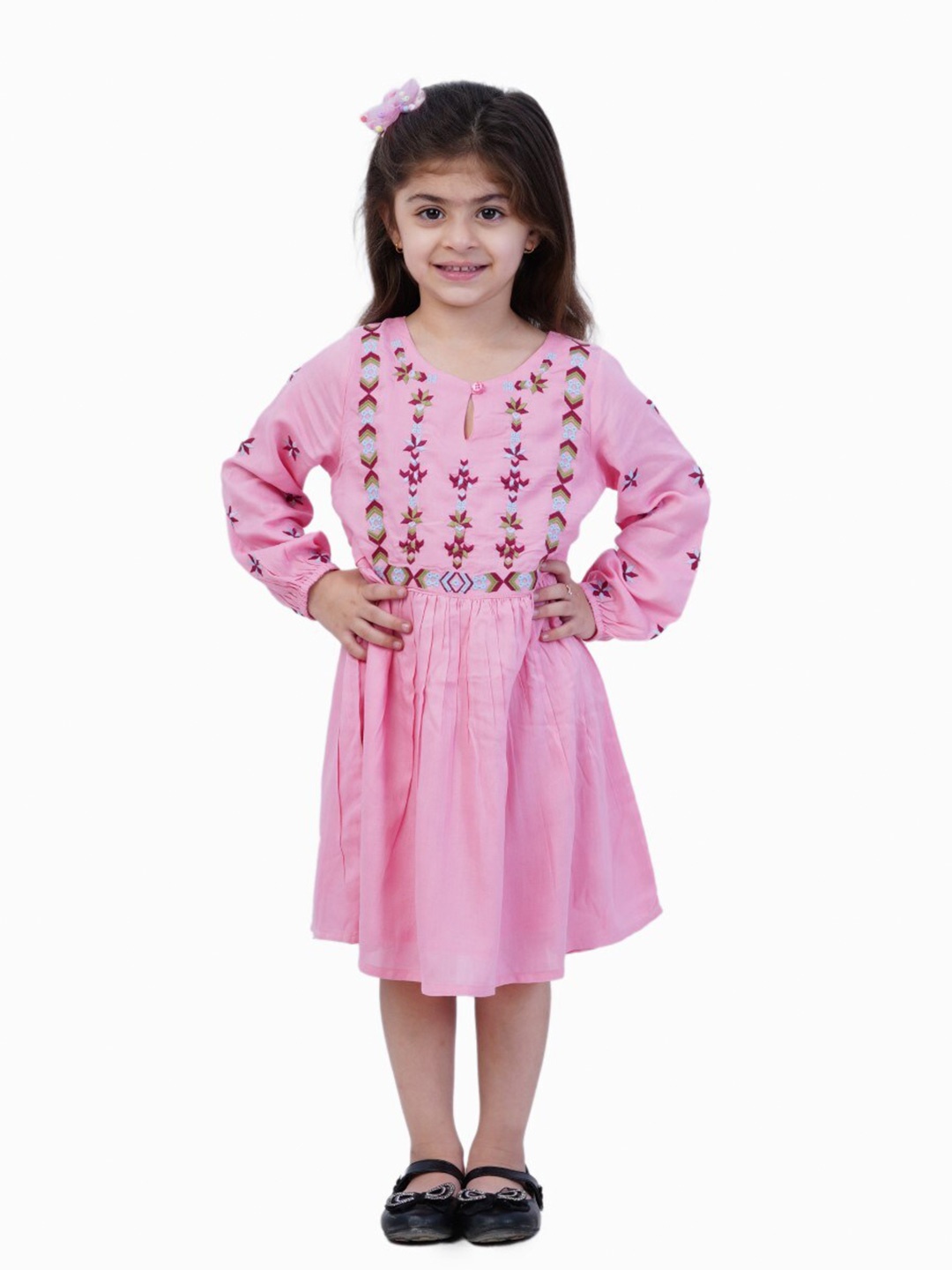 

Bella Moda Girls Floral Embroidered Pure Cotton Cuffed Sleeves Fit & Flare Midi Dress, Pink
