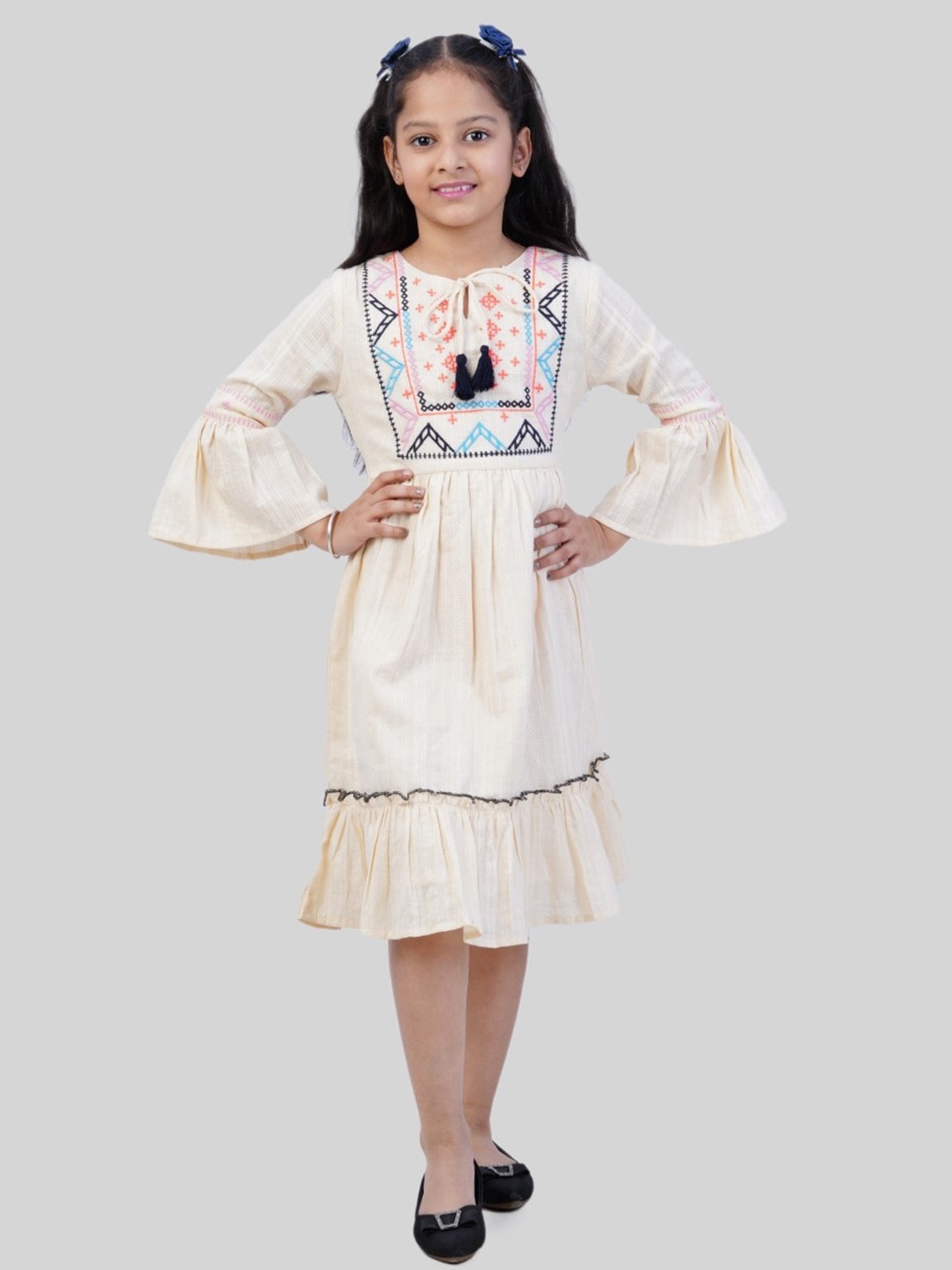 

Bella Moda Girls Embroidered Tie-Up Neck Bell Sleeves Pure Cotton A-Line Midi Dress, Cream