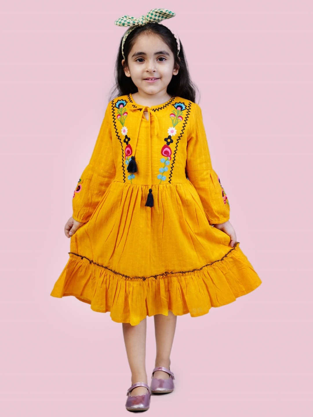 

Bella Moda Girls Floral Embroidered Pure Cotton A-Line Midi Dress, Yellow