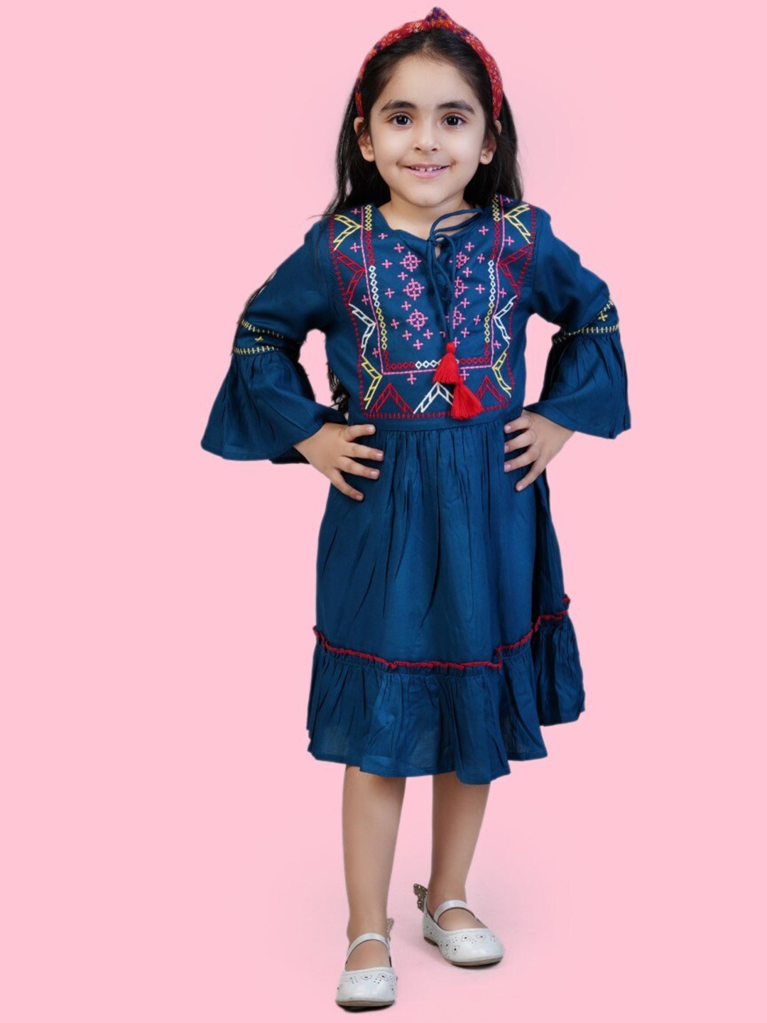 

Bella Moda Girls Ethnic Motifs Embroidered Bell Sleeves Pure Cotton A-Line Midi Dress, Blue