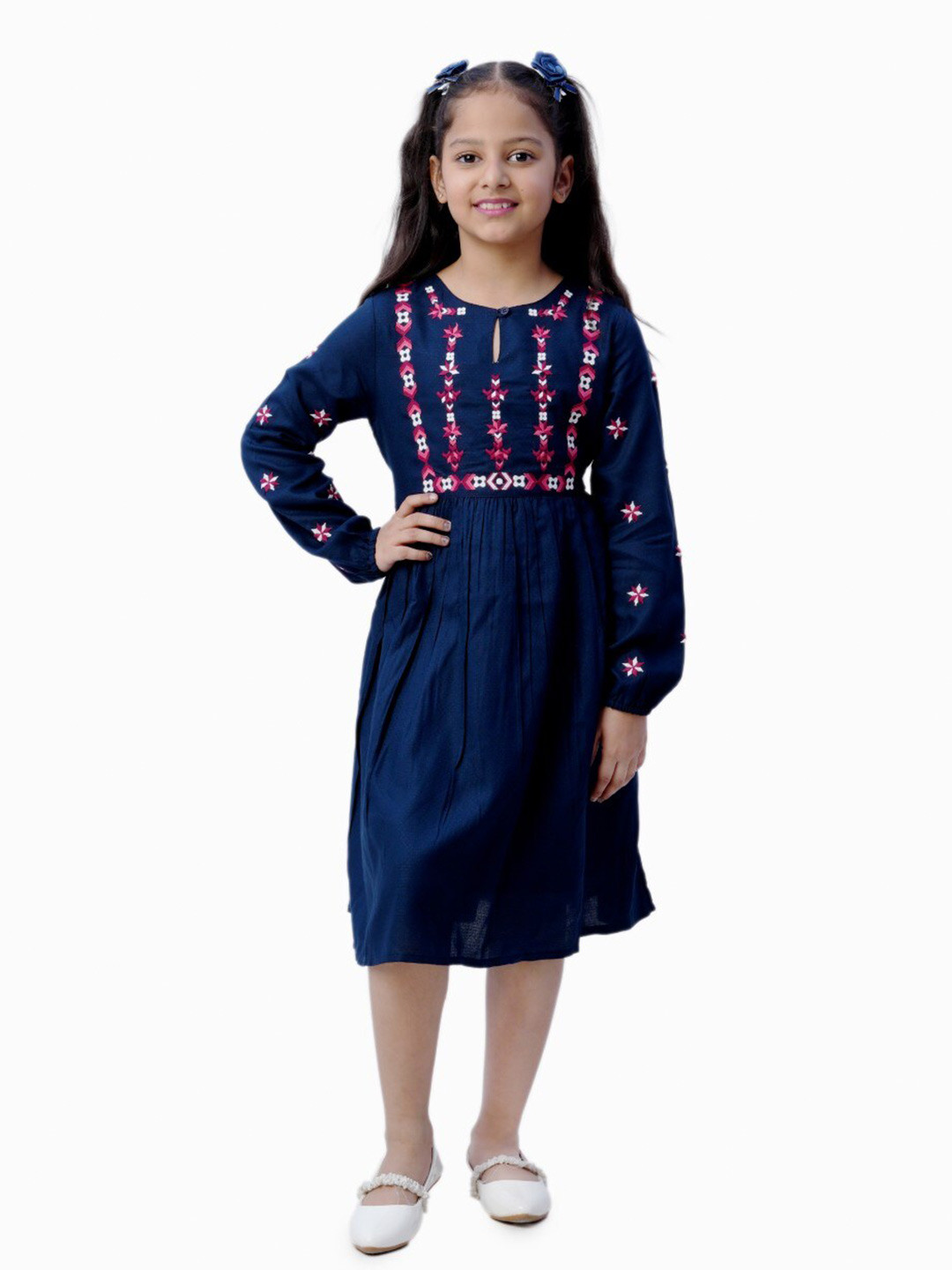 

Bella Moda Girls Ethnic Motifs Embroidered Pure Cotton A-Line Midi Dress, Navy blue