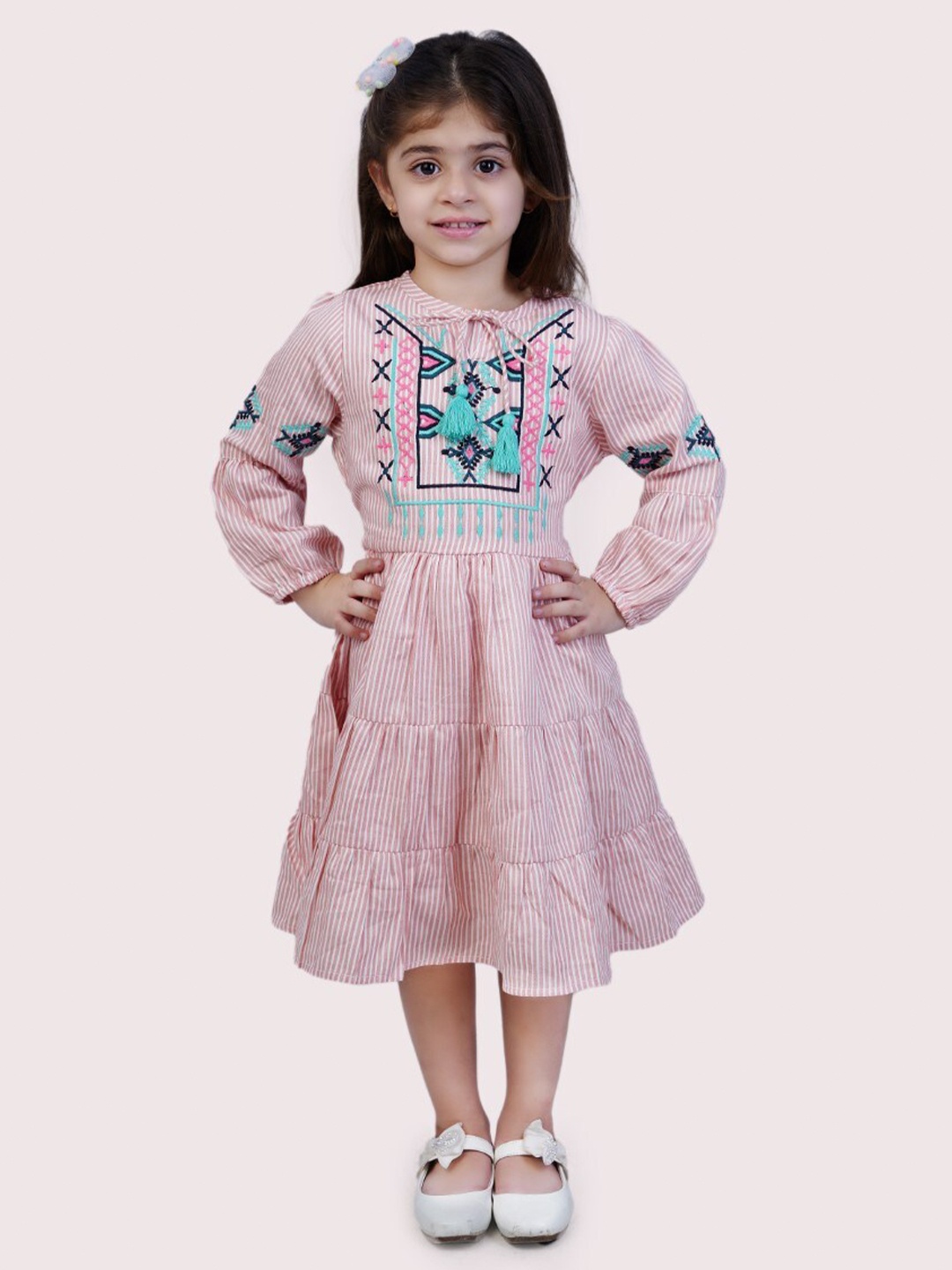 

Bella Moda Girls Ethnic Motifs Embroidered Pure Cotton A-Line Midi Dress, Pink