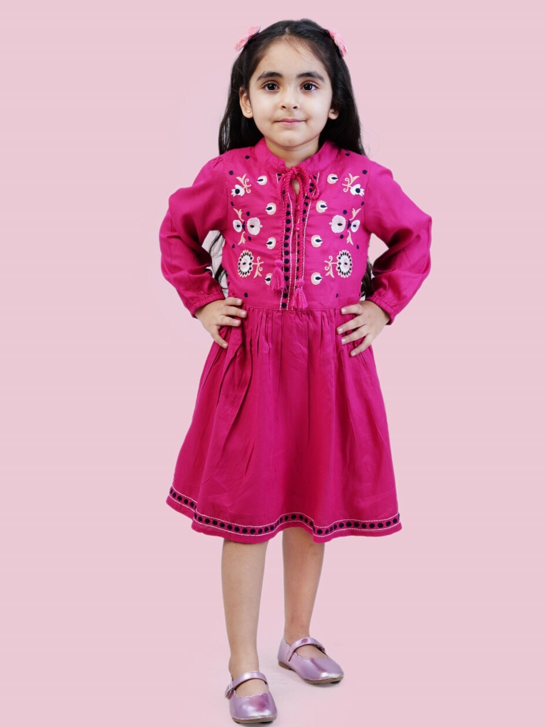 

Bella Moda Girls Floral Embroidered Pure Cotton A-Line Midi Dress, Pink