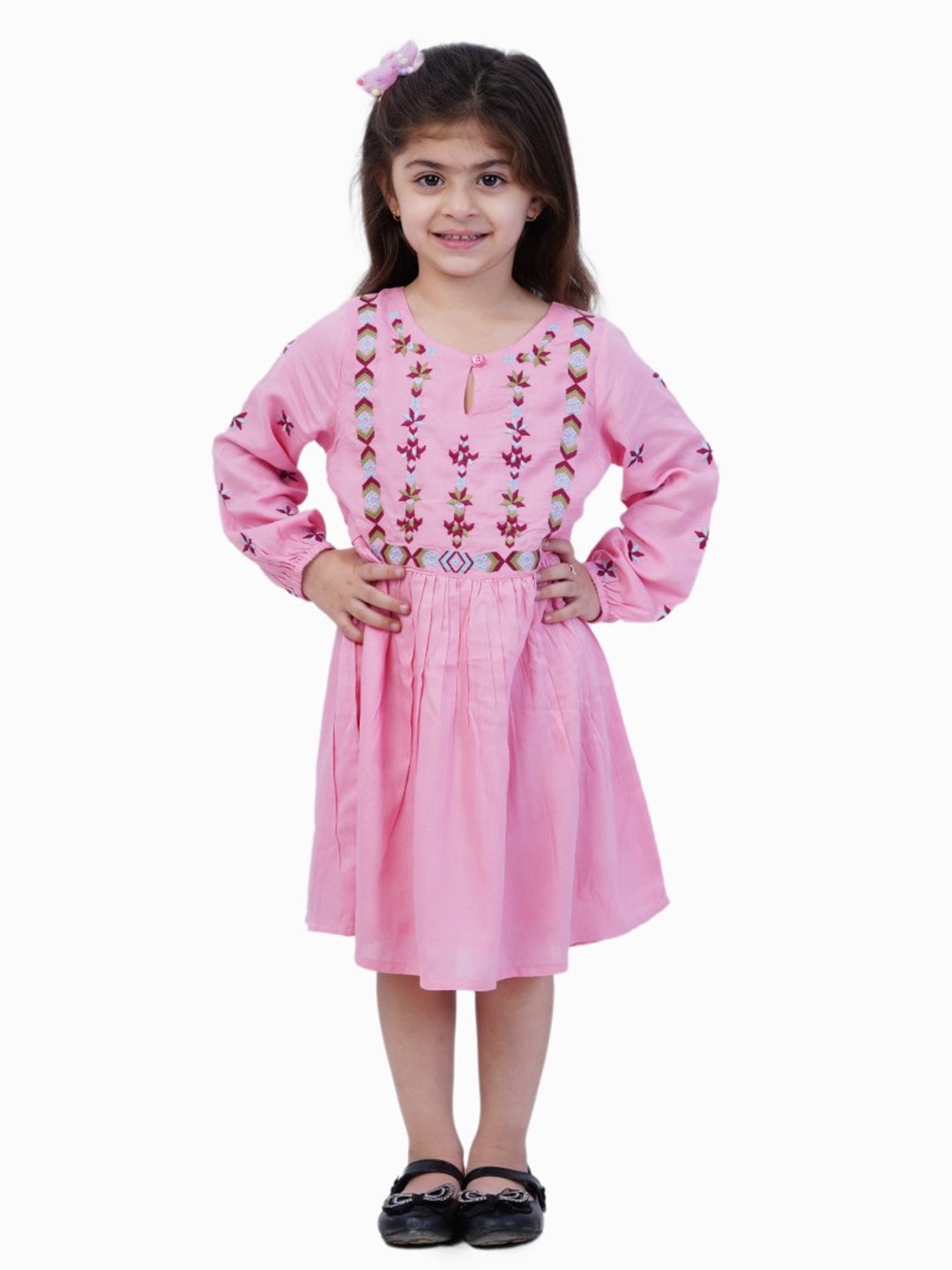 

Bella Moda Girls Floral Embroidered Puff Sleeve Fit & Flare Pure Cotton Dress, Pink