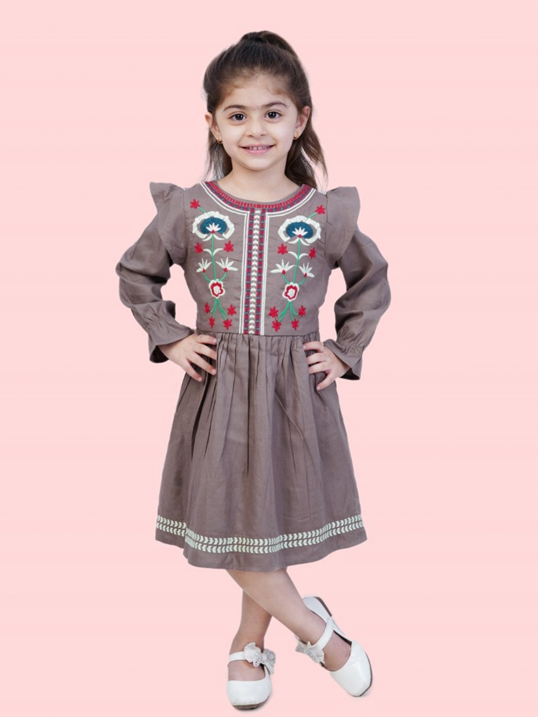 

Bella Moda Girls Floral Embroidered Ruffled Puff Sleeves Fit & Flare Pure Cotton Dress, Grey