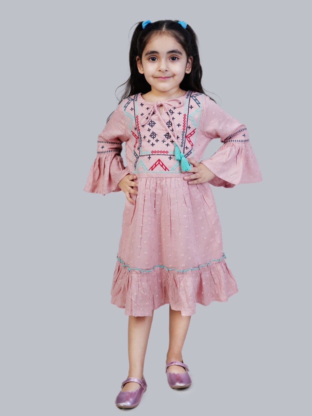 

Bella Moda Girls Floral Embroidered Bell Sleeve Flounce A-Line Midi Pure Cotton Dress, Mauve