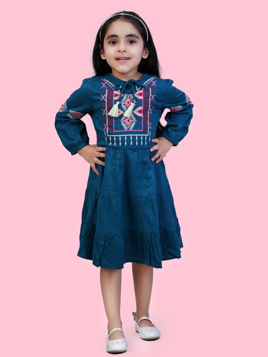 

Bella Moda Girls Floral Embroidered Puff Sleeve Tiered A-Line Midi Pure Cotton Dress, Navy blue