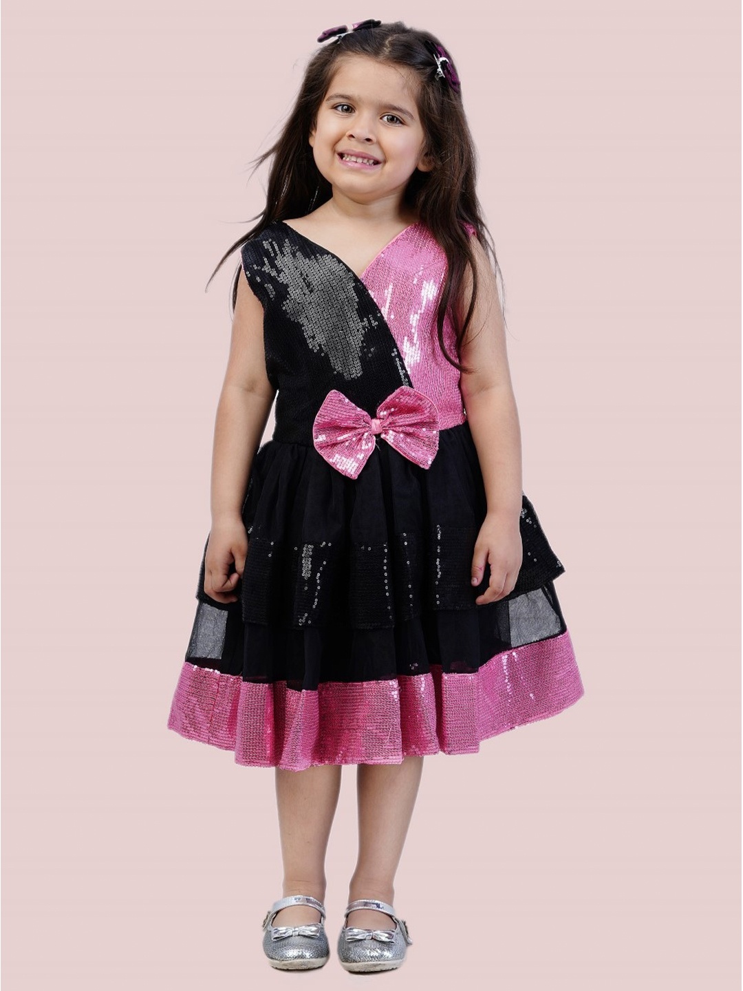 

Bella Moda Girls Embellished Bow Detail Layered Satin Fit & Flare Dress, Pink