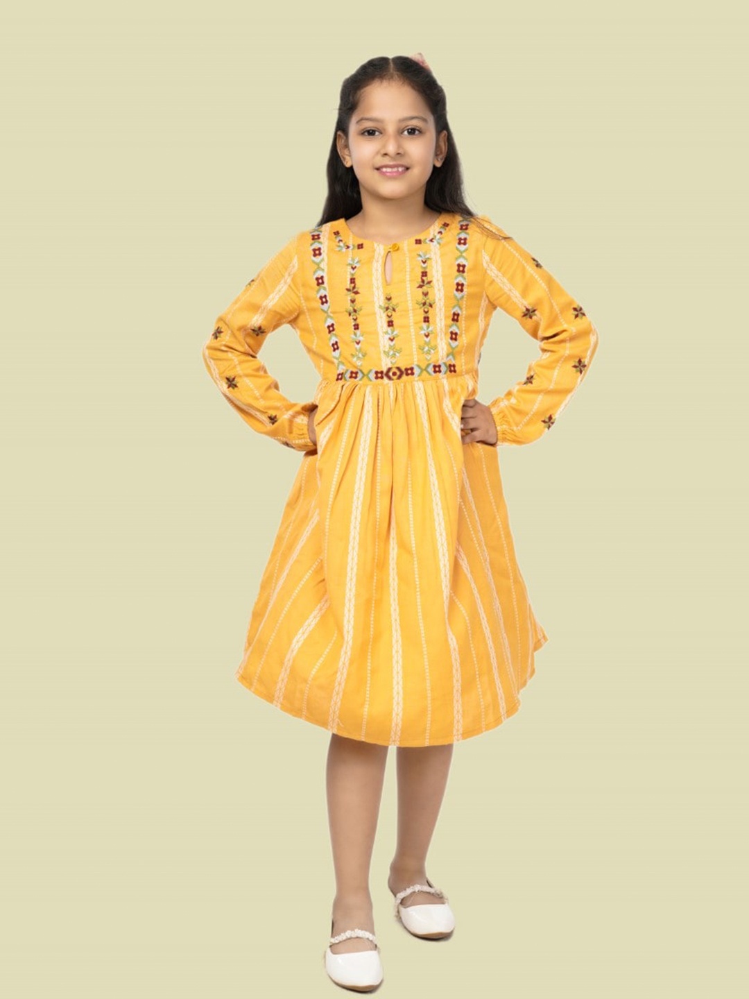 

Bella Moda Girls Floral Embroidered Keyhole Neck A-Line Midi Pure Cotton Dress, Yellow