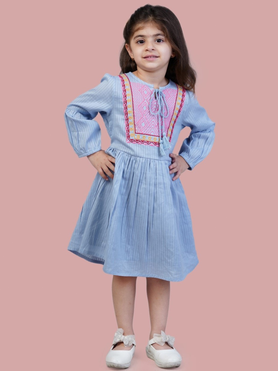 

Bella Moda Girls Geometic Embroidered Puff Sleeve Tie-Up Neck Fit & Flare Dress, Blue