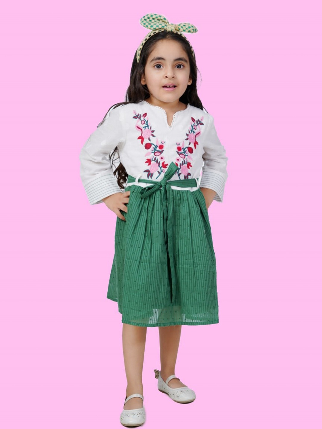 

Bella Moda Floral Embroidered Fit & Flare Cotton Dress, Green