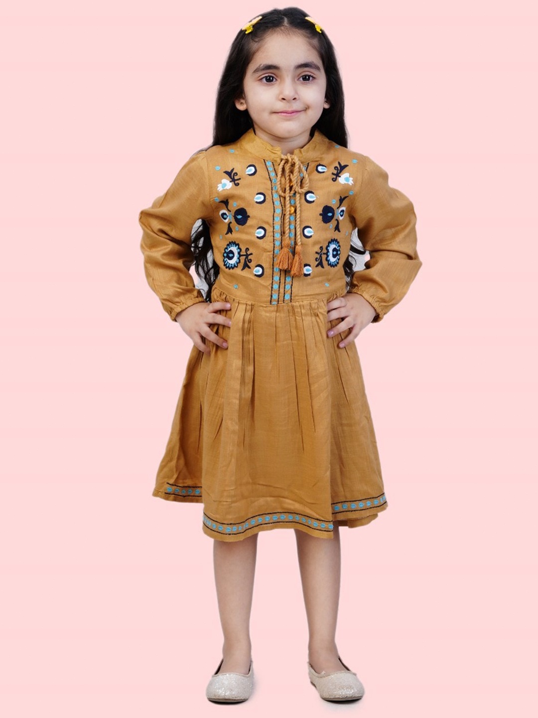 

Bella Moda Floral Embroidered Tie-Up Neck Fit & Flare Cotton Dress, Brown