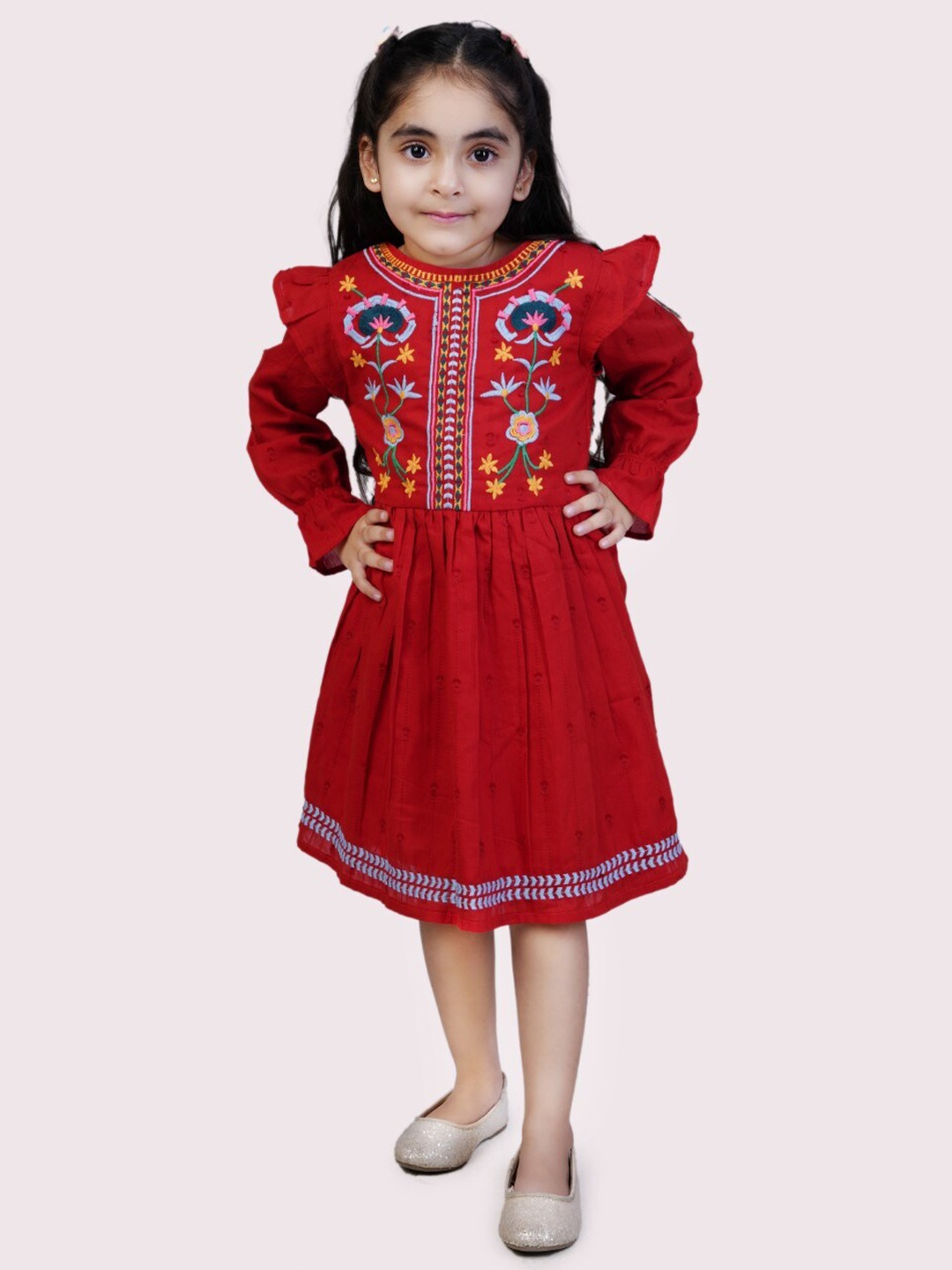 

Bella Moda Girls Ethnic Motifs Cotton A-Line Dress, Maroon