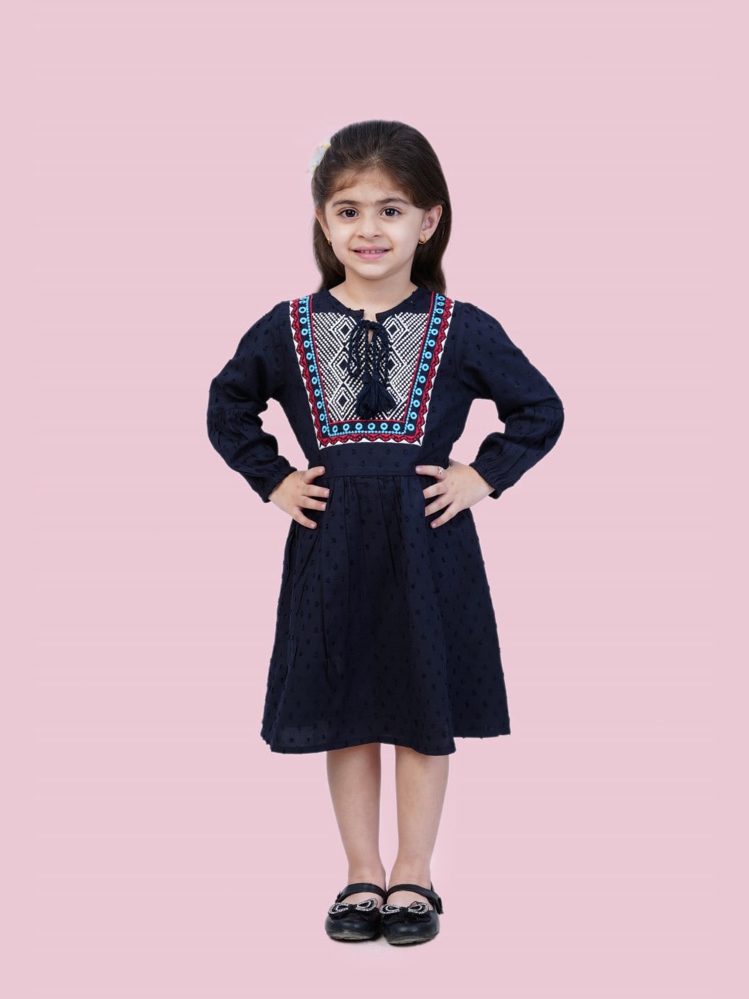 

Bella Moda Ethnic Motifs Embroidered Tie-Up Neck Midi Pure Cotton Dress, Navy blue