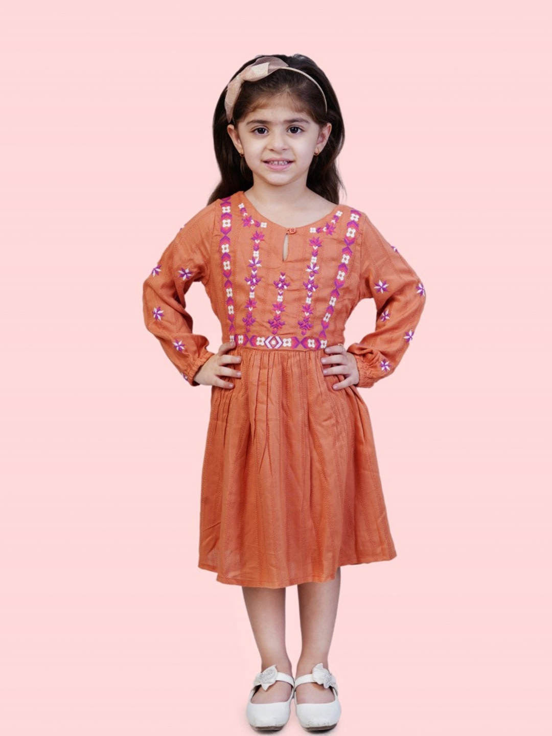 

Bella Moda Ethnic Motifs Embroidered Fit & Flare Midi Pure Cotton Dress, Rust