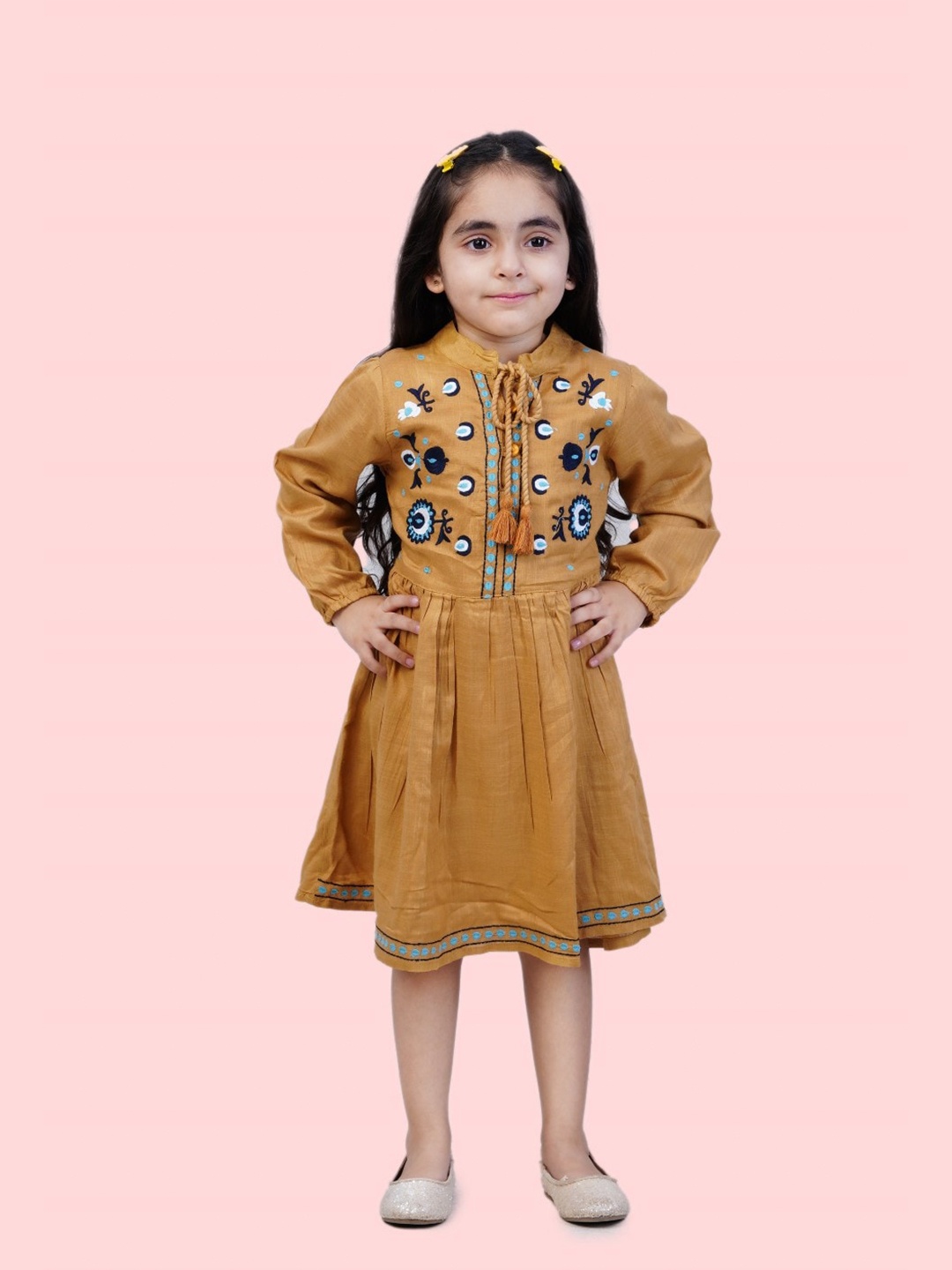 

Bella Moda Ethnic Motifs Embroidered Fit & Flare Pure Cotton Dress, Mustard