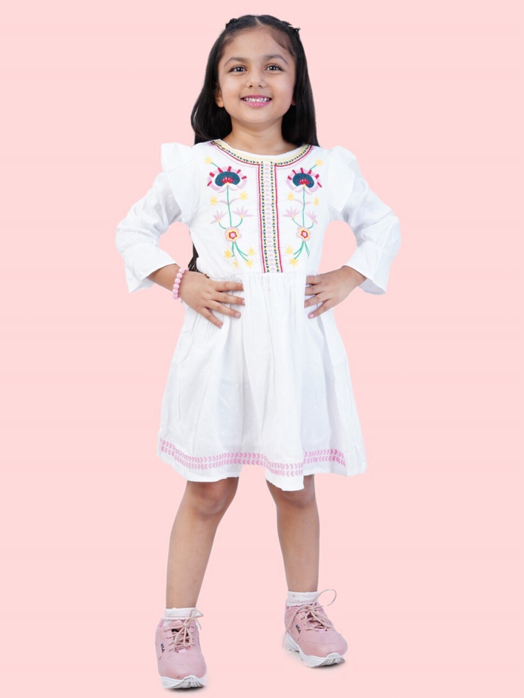 

Bella Moda Embroidered Ruffled Pure Cotton A-Line Midi Dress, White