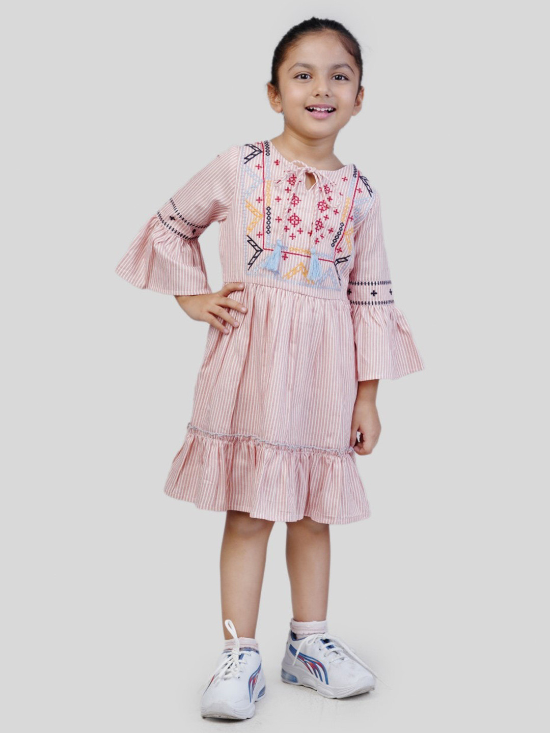 

Bella Moda Embroidered Tie-Up Neck Flared Sleeves Pure Cotton A-Line Midi Dress, Pink