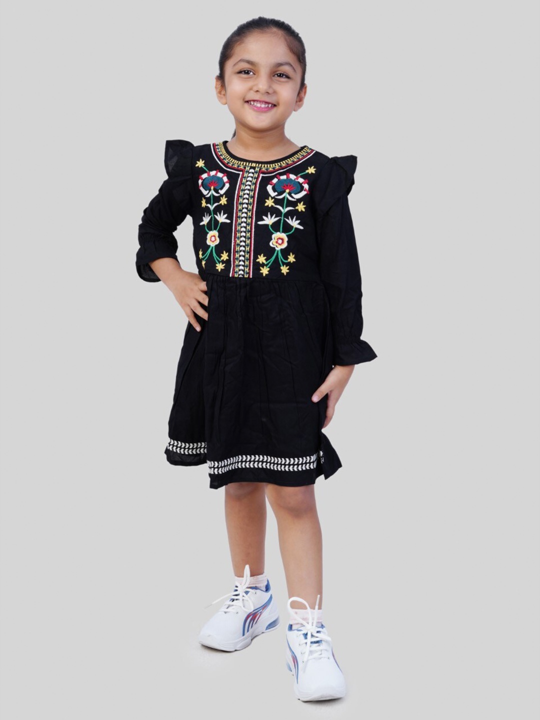 

Bella Moda Embroidered Ruffled Flared Sleeves Pure Cotton A-Line Midi Dress, Black