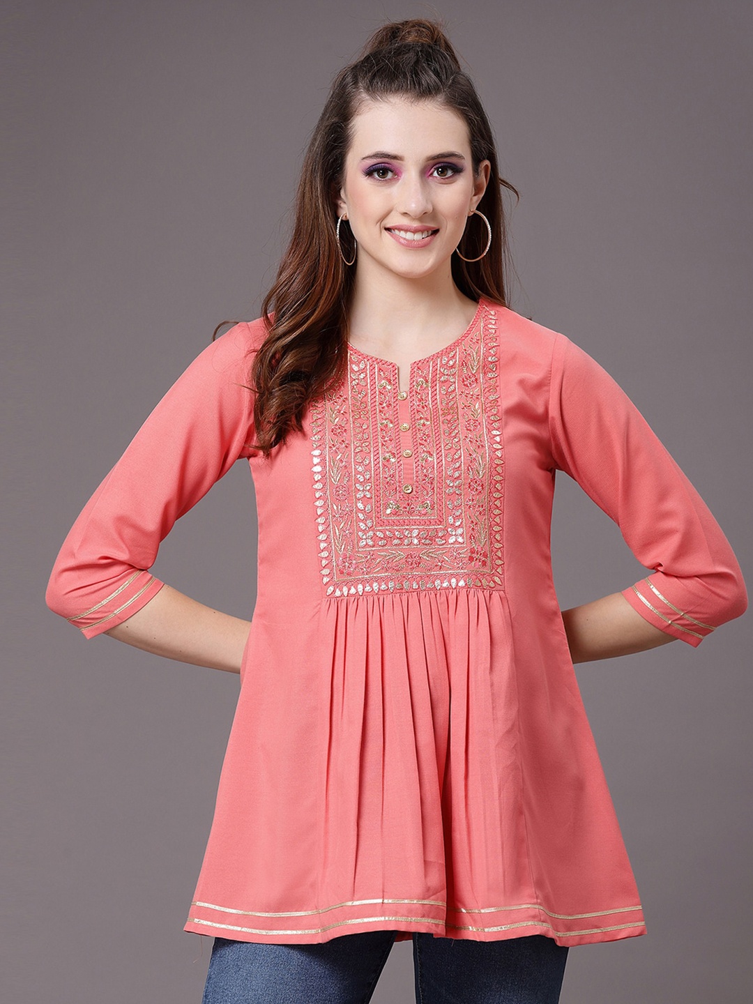 

Selvia Notched Neck Embellished Top, Orange