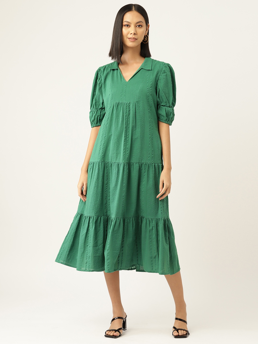 

MISRI Puff Sleeves Tiered A-Line Midi Dress, Green