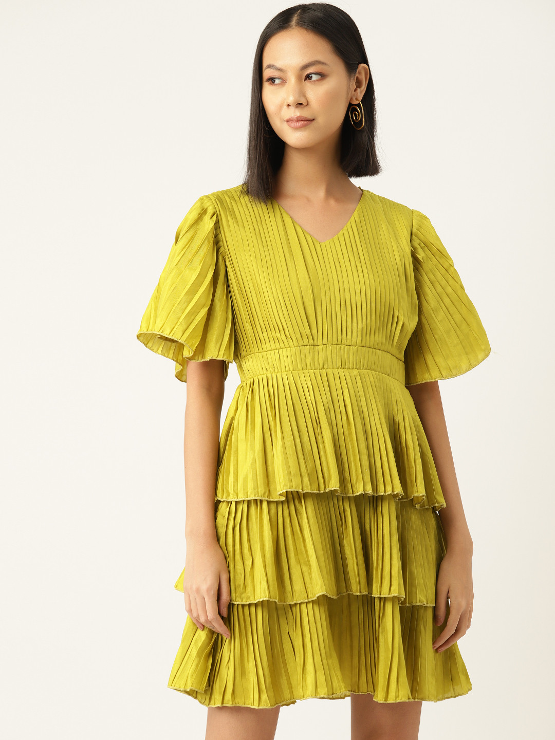 

MISRI Flared Sleeves Layered A-Line Dress, Green