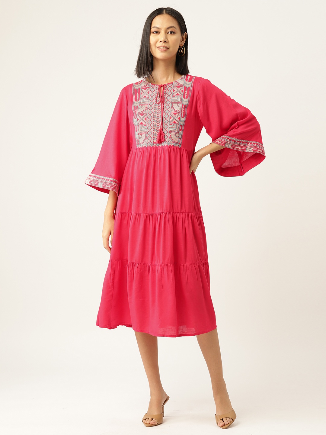 

MISRI Embroidered Tie-Up Neck Flared Sleeves Tiered A-Line Dress, Red