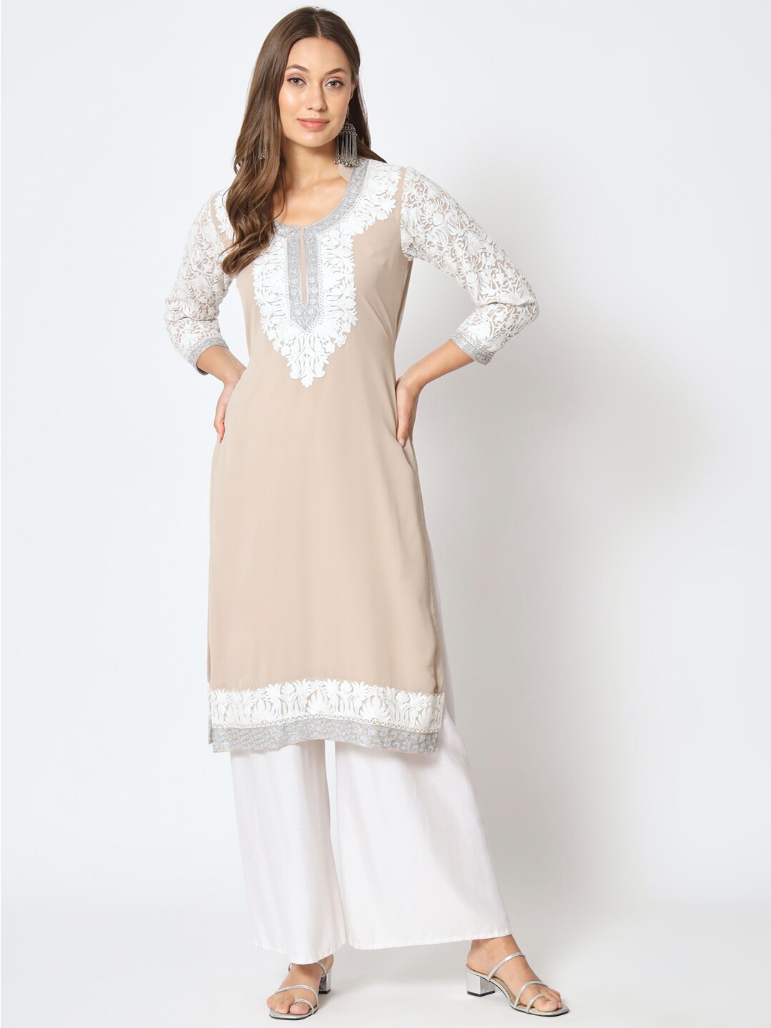 

Zamour Floral Embroidered Unstitched Dress Material, Beige