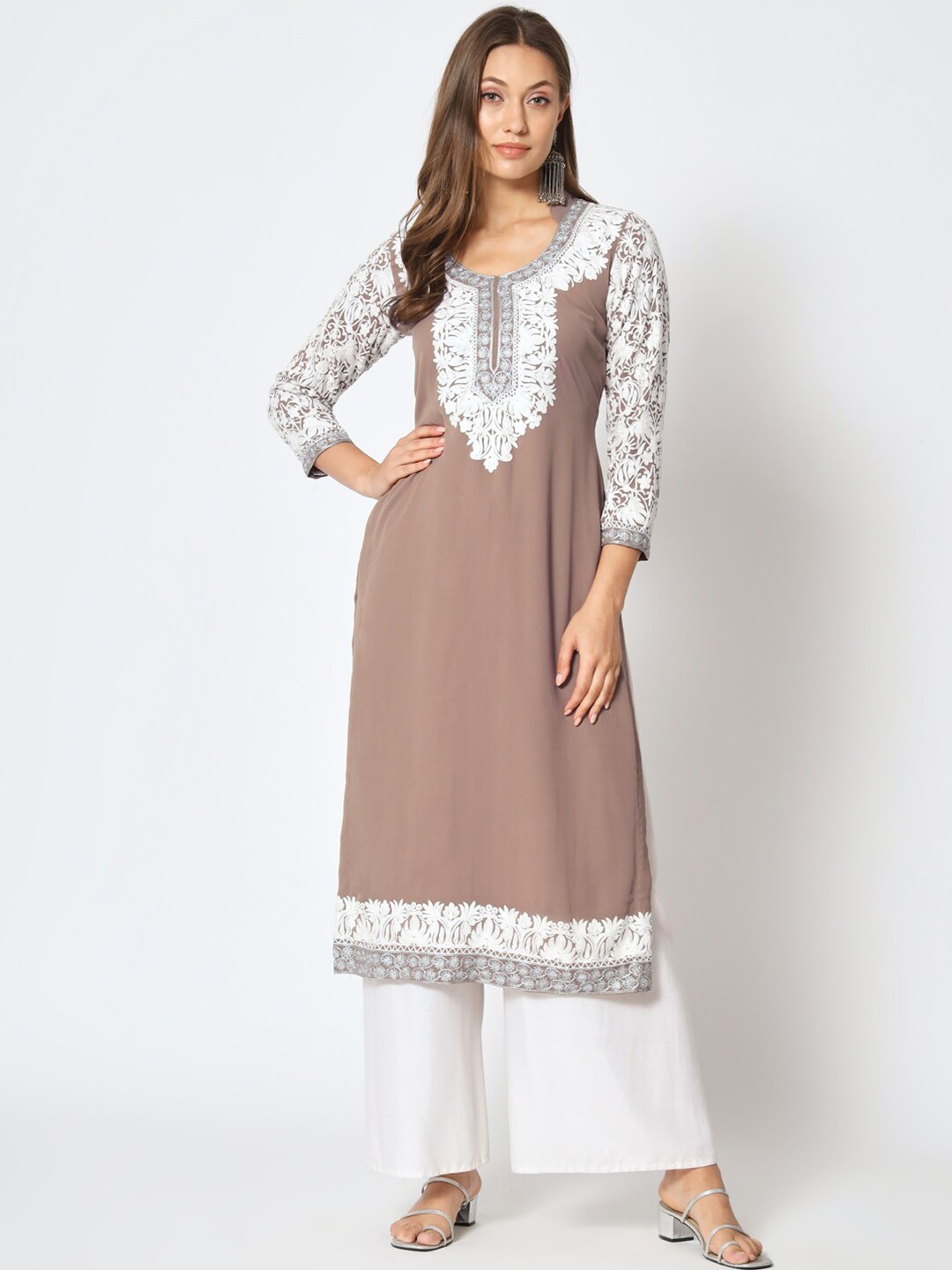 

Zamour Floral Embroidered Unstitched Dress Material, Brown