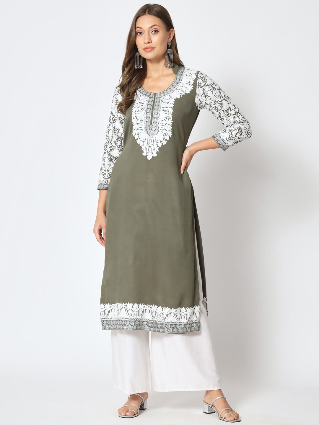 

Zamour Floral Embroidered Unstitched Dress Material, Olive