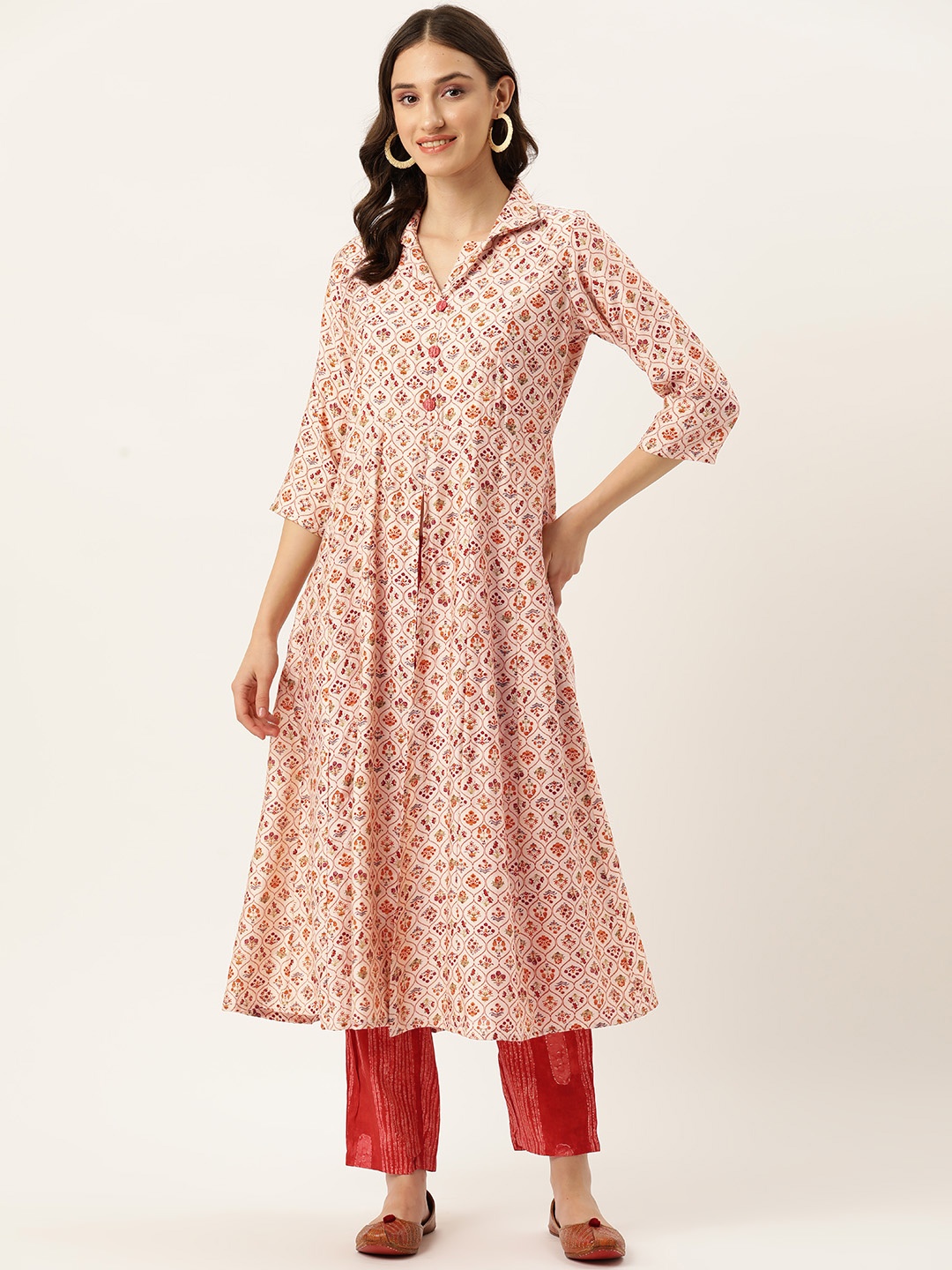 

DIVYANK Women Floral Printed High Slit Chanderi Silk Kurta with Trousers, Peach