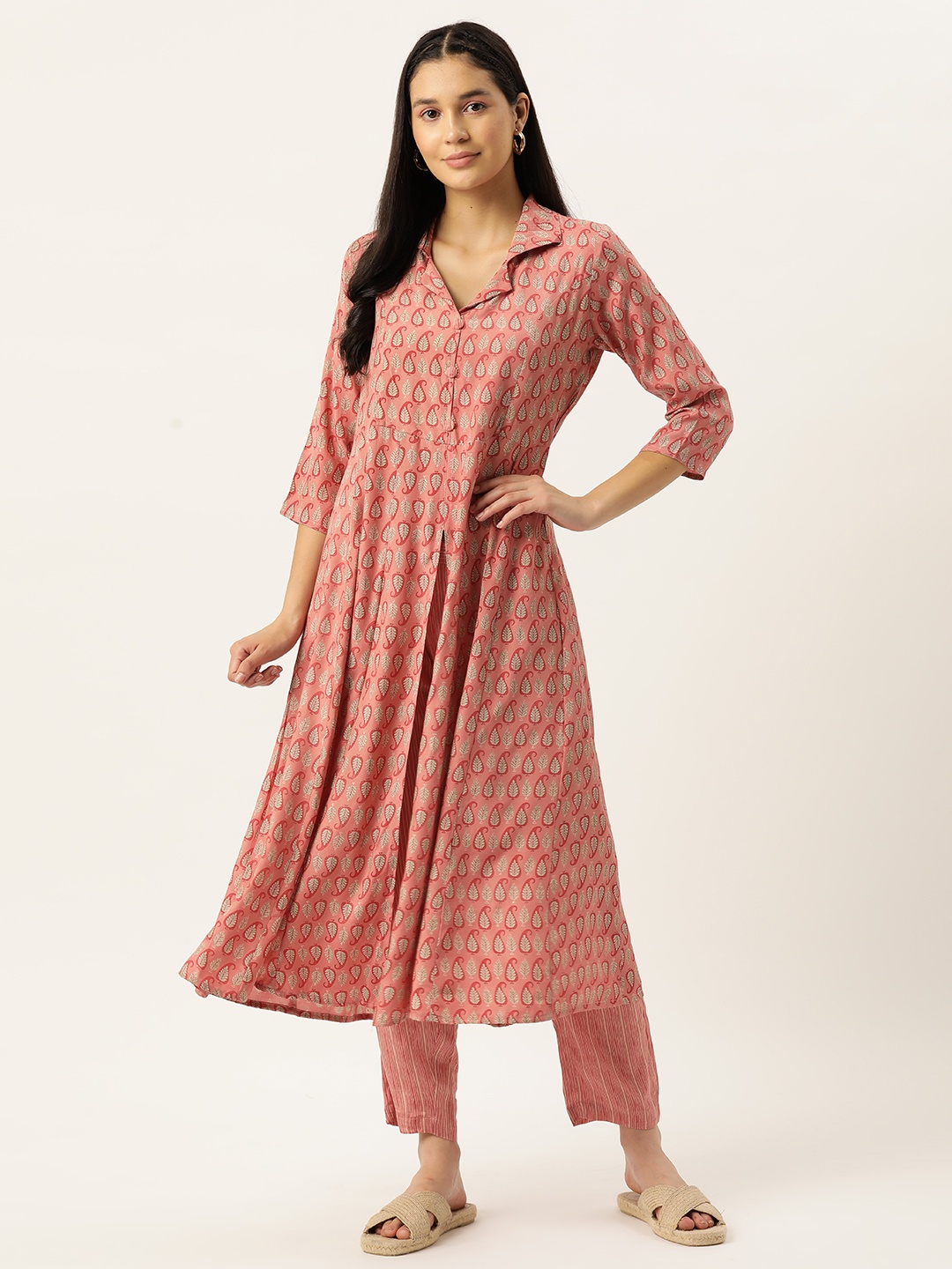 

DIVYANK Women Paisley Printed High Slit Kurta with Trousers, Pink