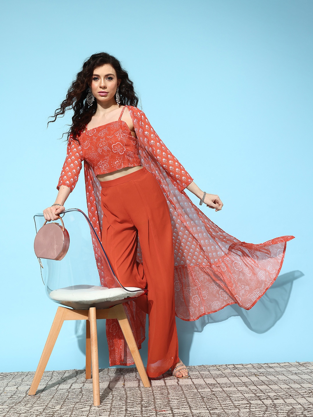 

KVSFAB Women Floral Printed Crop Top with Palazzos & Longline Shrug, Rust