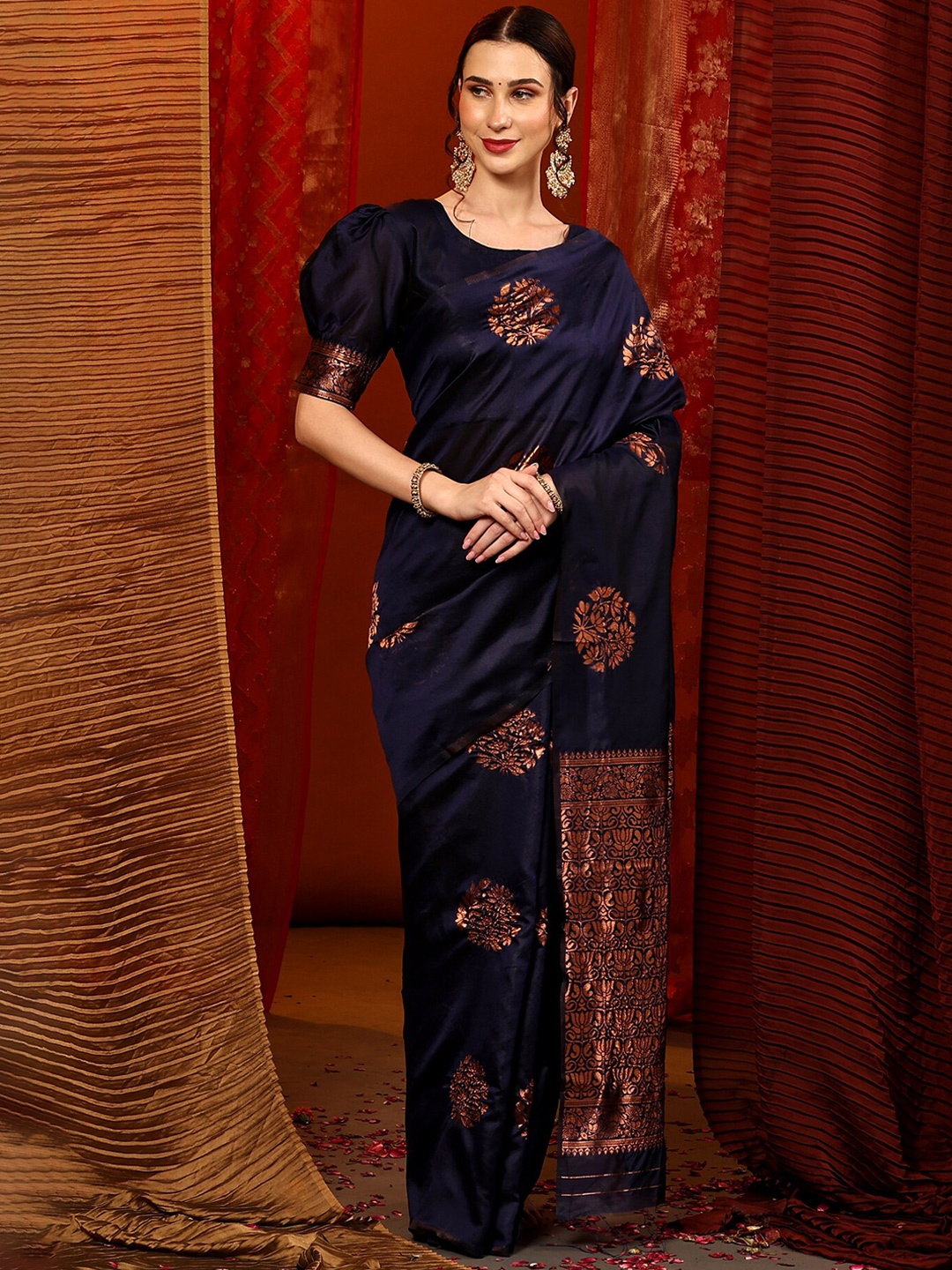 

Mitera Blue & Gold-Toned Floral Motif Woven Design Zari Kanjeevaram Saree